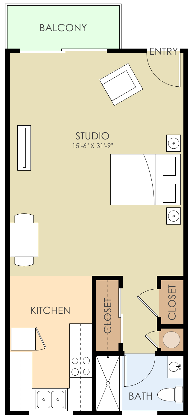 Floor plan for studio, 1 bath, 500 sqft
